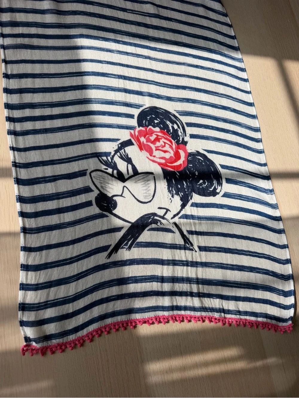 Nautical Striped Minnie Mouse Beach Scarf Sarong with Pink Pom Pom Trim Boho